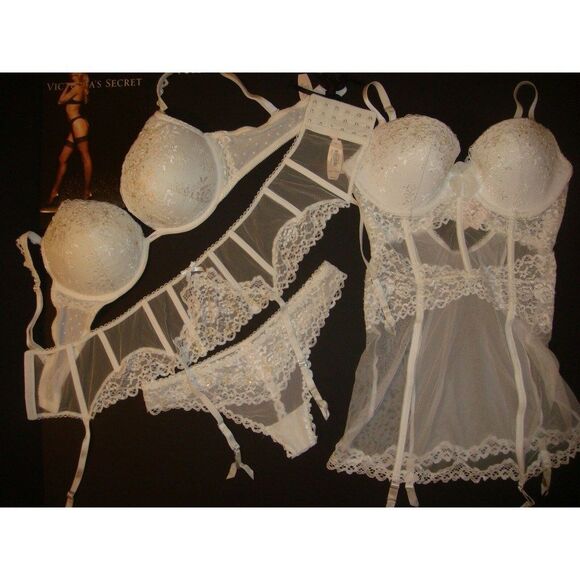 Victoria's Secret 34DD,36D BRA SET+garter SLIP BEAD white BRIDAL ANGEL FANTASIES - Picture 1 of 11